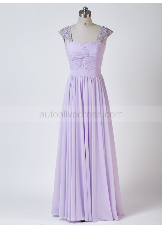 Beaded Cap Sleeves Lavender Chiffon Pleated Bridesmaid Dress